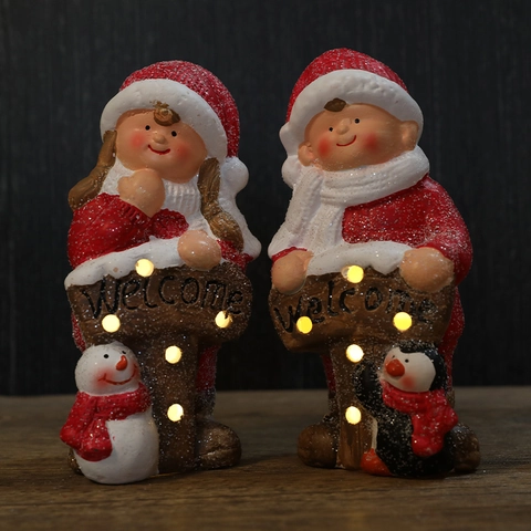 Christmas Glowing Ceramic Doll Ornaments With Welcome Sign LED Light Up Santa Figurines For Home Holiday Party Decor