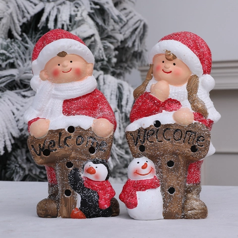 Christmas Glowing Ceramic Doll Ornaments With Welcome Sign LED Light Up Santa Figurines For Home Holiday Party Decor