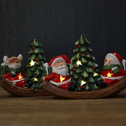 Luminous Ceramic Christmas Boat Ornament With LED Light Santa Snowman Reindeer Pattern Rocking Base Festive Desktop Decor