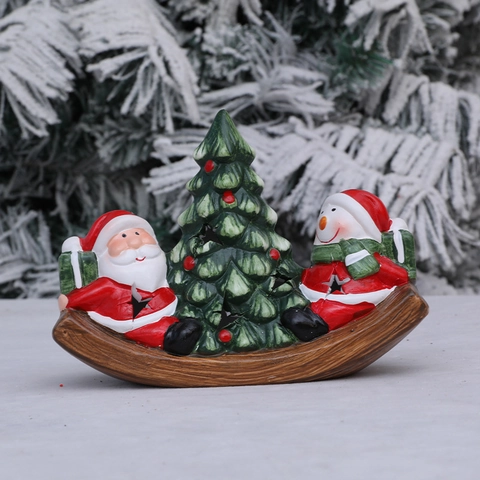 Luminous Ceramic Christmas Boat Ornament With LED Light Santa Snowman Reindeer Pattern Rocking Base Festive Desktop Decor