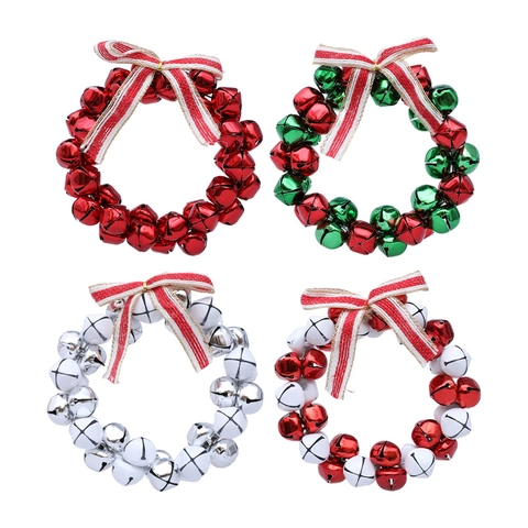 Iron Christmas Bell Wreath Hanging Ornament With Striped Fabric Bow Festive Metal Bell Garland For Christmas Tree Decor