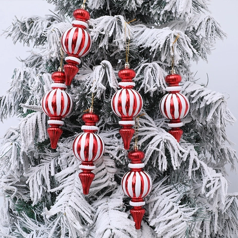 Adornos Colgantes para el Árbol de Navidad con Rayas Rojas y Blancas Forma de Gota Pintados PVC Plástico Decoración Festiva