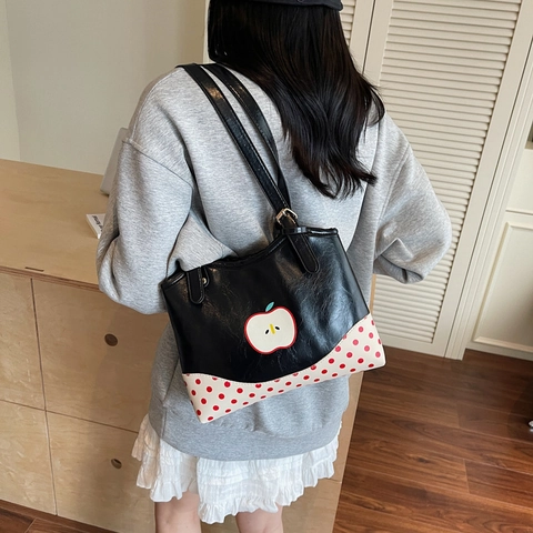 Dames PU Lederen Tote Tas Appelprint Contrast Polka Dot Patchwork Vintage Schoudertas Casual Mode