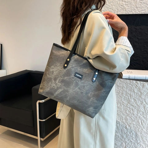 Grand Sac Cabas Femme en Cuir PU Minimaliste Texture Lavée Sac à Épaule Mode Navettage Sac à Main pour Dame