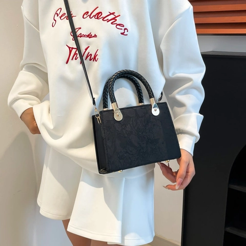 Women Floral Embossed PU Leather Handbag Woven Handle Crossbody Bag Gold Hardware Elegant Shoulder Bag Small Square Bag
