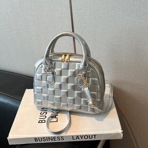 Dames Schelp Crossbodytas Glanzend PU Leer Handtas Goud Hardware Elegant Reliëf Ruitjespatroon Schoudertas Daten