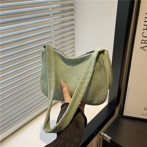Corduroy Hobo Bag Retro Underarm Shoulder Tote Purse For Women Casual Solid Color Zipper Closure Minimalist