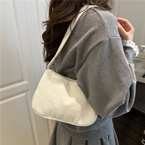 Bolso de Axila de Pana Retro Simple para Mujer Gran Capacidad Color Sólido Nailon Bolso de Hombro Casual Estilo Urbano