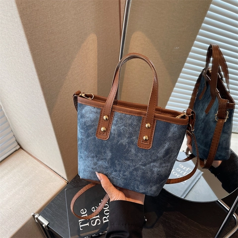 Vintage Damen PU Leder Segeltuch Patchwork Eimertasche Retro Nieten Handtasche Textur Umhängetasche Schultertasche