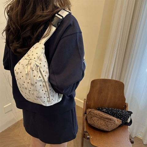 Women Corduroy Crossbody Waist Bag Japanese Style Heart Bow Print Adjustable Strap Fanny Pack Chest Phone Purse Casual Bag