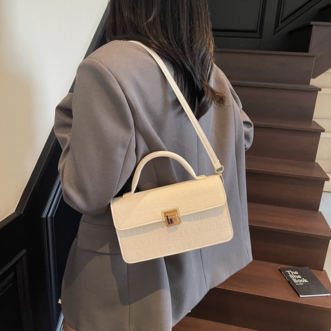 Women Crossbody Bag Crocodile Pattern PU Leather Handbag Gold Metal Lock Top Handle Elegant Retro Style Daily Fashion