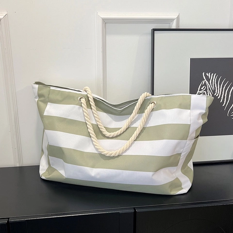 Borsa Tote A Righe Di Grande Capacità Per Donna Borsa A Mano In Tela Di Nylon Con Manico In Corda Di Cotone Borsa A Tracolla
