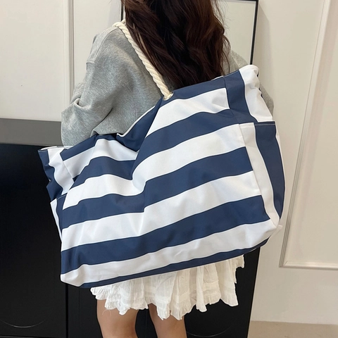 Borsa Tote A Righe Di Grande Capacità Per Donna Borsa A Mano In Tela Di Nylon Con Manico In Corda Di Cotone Borsa A Tracolla
