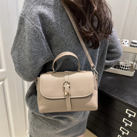 Women PU Leather Lychee Pattern Crossbody Bag Flap Top Handle Adjustable Strap Minimalist Vintage Handbag Commute Bag