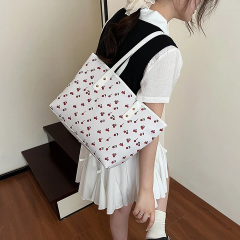 Women Large Capacity Tote Bag Sweet Cherry Print PU Leather Shoulder Bag With Double Handle And Gold Rivet Decoration