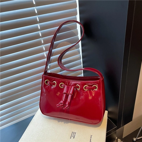 Women Baguette Bag Underarm Shoulder Handbag Glossy PU Leather Drawstring Gold Eyelets Decor Trendy Casual Solid Color