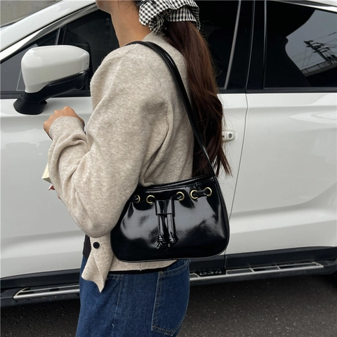 Women Baguette Bag Underarm Shoulder Handbag Glossy PU Leather Drawstring Gold Eyelets Decor Trendy Casual Solid Color