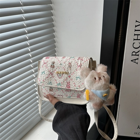 Borsa a Tracolla Dolce in Pelle PU Donna Carino Animale Stampa Floreale Borsa a Spalla Con Ciondolo Coniglio Peluche
