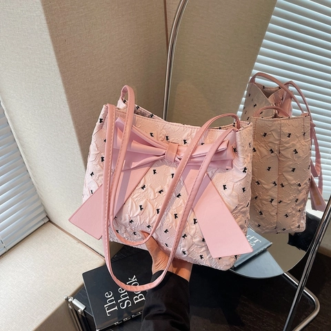 Sac Sous Le Bras Doux Pour Femmes Avec Décoration De Grand Noeud Cuir PU Et Tissu Jacquard Texturé Sac À Épaule Casual