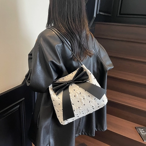 Sac Sous Le Bras Doux Pour Femmes Avec Décoration De Grand Noeud Cuir PU Et Tissu Jacquard Texturé Sac À Épaule Casual