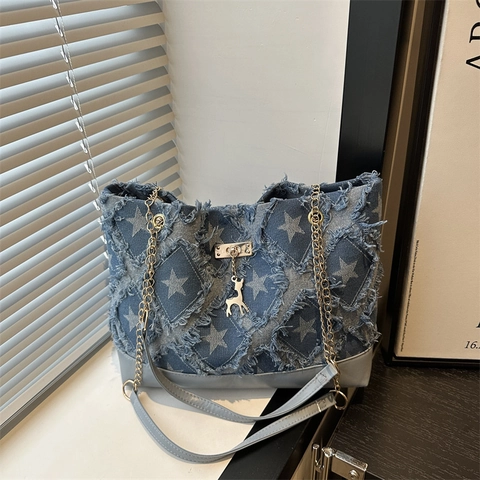 Denim Schachbrett Stern Muster Tote Tasche Mit Fransen Metallkette Und Hirsch Anhänger Für Damen Lässige Umhängetasche