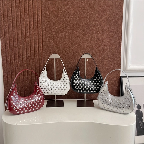 Borsa Hobo Con Borchie Da Donna Pelle PU Decorazione Rivetti Mezzaluna Borsa Sottobraccio Spalla Y2K Punk Retro Chic