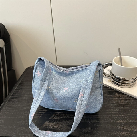 Sac À Épaule En Jean Pour Femmes Style Japonais Doux Broderie Nœud Coloré Sac Hobo Vintage Fermeture Éclair