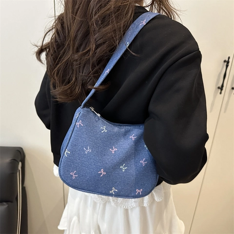 Sac À Épaule En Jean Pour Femmes Style Japonais Doux Broderie Nœud Coloré Sac Hobo Vintage Fermeture Éclair