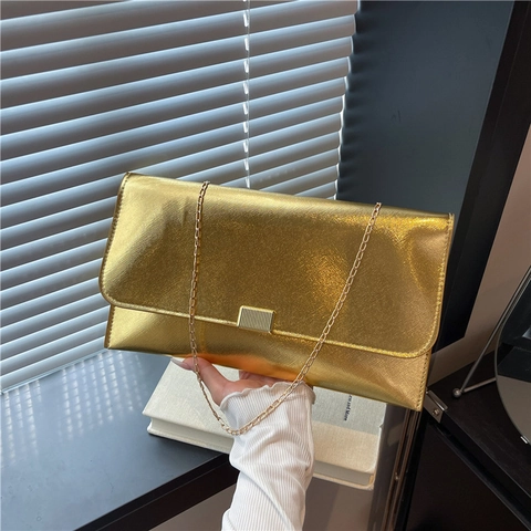 Sac Bandoulière Femme Vintage en Cuir PU Métallique Avec Chaîne Dorée Pochette Enveloppe Pour Mariage Soirée