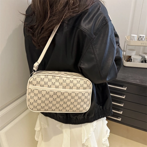 Women Fashion M Monogram PU Leather Crossbody Bag Minimalist Camera Square Shoulder Bag Small Casual Travel Daily Commuter Handbag