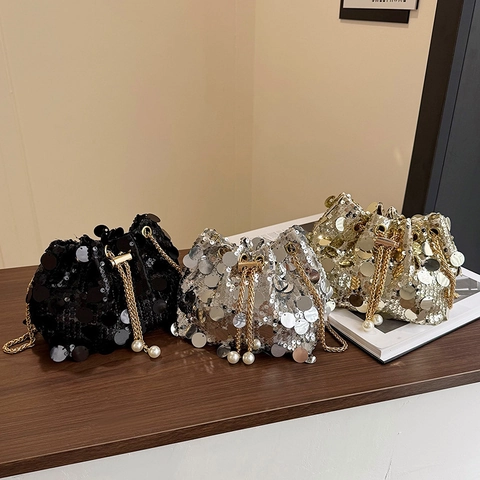 Sac Seau à Paillettes pour Femmes Sac Bandoulière à Cordon Avec Chaîne en Métal et Perles Artificielles pour Fête