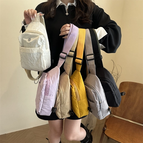 Women Simple Wrinkled Nylon Chest Bag Versatile Shoulder Crossbody Bag Fashion Solid Color Waist Bag For Daily Use