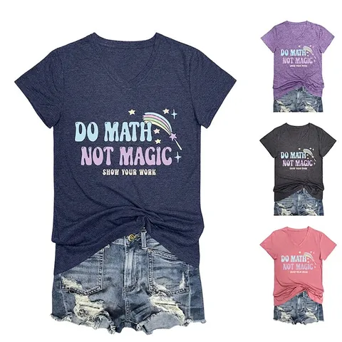 Maglietta Da Donna Con Scollo A V Maniche Corte Misto Cotone Do Math Not Magic Slogan Stampa Grafica Streetwear Casual Estate