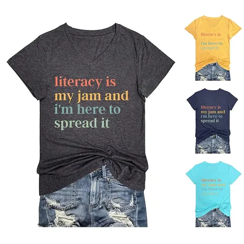 Women V-Neck Graphic T-Shirt Cotton Polyester Blend Short Sleeve Knotted Hem Casual Relaxed Fit Letter Print Top