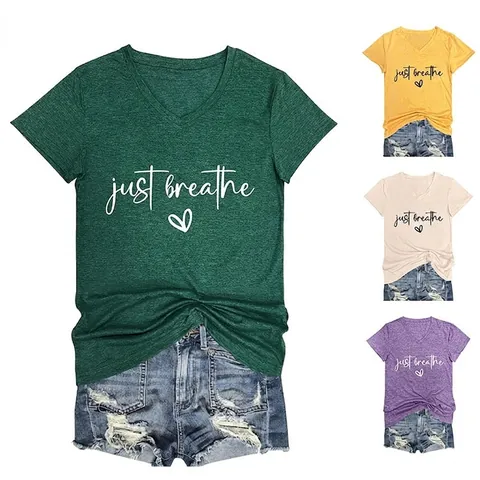 Damen T-Shirt V-Ausschnitt Kurzarm Just Breathe Buchstabendruck Herz Grafik Lässig Baumwollmischung Lockeres Top