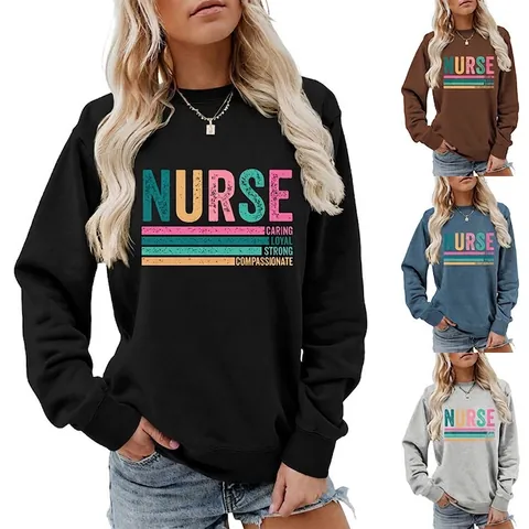 Sweatshirt Femme Mélange Coton Col Rond Manches Longues Décontracté Infirmière Impression Lettre Caring Loyal Strong
