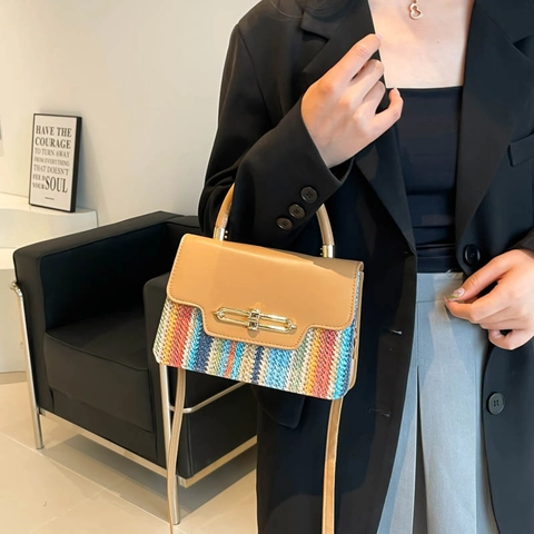 Women Crossbody Bag PU Leather Colorful Woven Patchwork Handbag With Gold Metal Lock Adjustable Strap Summer Boho Style