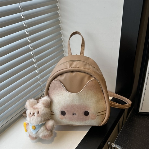 Cute Cartoon Cat Mini PU Leather Backpack For Women Girls Khaki Beige Embroidery Crossbody Bag Casual Small Travel Handbag With Plush Pendant