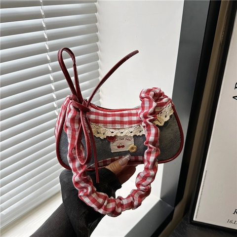 Women Sweet Retro Denim Plaid Underarm Bag Heart Pendant Bow Shoulder Bag Fashion Aesthetic Y2K Girl Purse Crossbody Bag