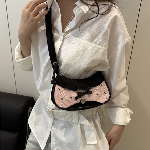 Women Sweet Retro Denim Plaid Underarm Bag Heart Pendant Bow Shoulder Bag Fashion Aesthetic Y2K Girl Purse Crossbody Bag