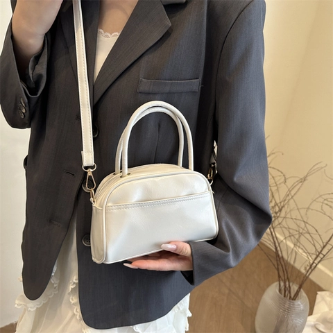Women Chic PU Leather Boston Shoulder Bag Fashion Glossy Solid Color Crossbody Pillow Bag With Double Handles And Detachable Strap