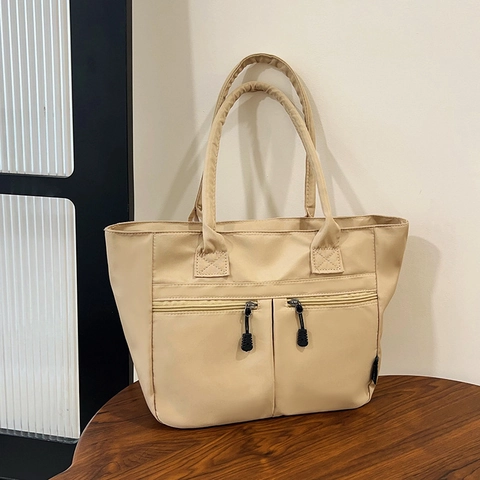 Borsa Tote da Donna in Stile Giapponese in Nylon Grande Capacità Minimalista Borsa a Tracolla con Tasche Anteriori con Cerniera