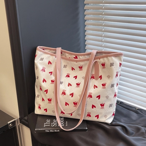 Damen Große Kapazität PU Tragetasche Süße Cartoon Kirsche Bär Druck Schultertasche Mode Tägliche Pendeln Student Handtasche