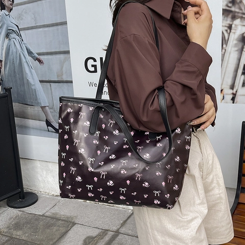 Women Tote Bag Large Capacity PU Leather Printed Cherry Bear Bow School Commute Cute Korean Style Shoulder Bag
