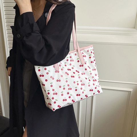 Bolso Tote Estampado Para Mujer De Gran Capacidad Dulce Fresco Cereza Fresa Patrón De Corazón Cuero PU Bolso De Hombro De Moda Para El Diario