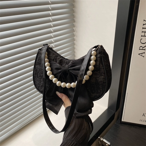 Sac Sous Le Bras Doux Pour Femmes Grand Noeud En Satin Poignée En Künstliche Perles Artificielles Tissu Jacquard Sac À Bandoulière Demi-Lune