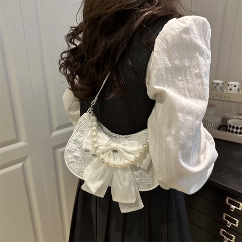 Sac Sous Le Bras Doux Pour Femmes Grand Noeud En Satin Poignée En Künstliche Perles Artificielles Tissu Jacquard Sac À Bandoulière Demi-Lune