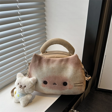 Cute Cat Face Plush Handbag For Women Stylish Faux Fur Small Square Crossbody Bag With Top Handle Detachable Shoulder Strap