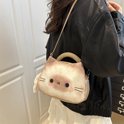 Cute Cat Shaped Plush Bread Gradient Crossbody Bag For Women Girls Japanese Style Faux Fur Handbag With Adjustable Strap