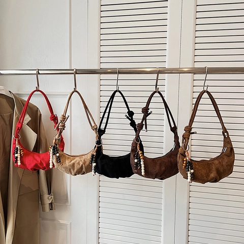 Women Suede Hobo Shoulder Bag Crescent Half Moon Shaped With Knotted Strap Wood Bead Charm Retro Pleated Underarm Tote